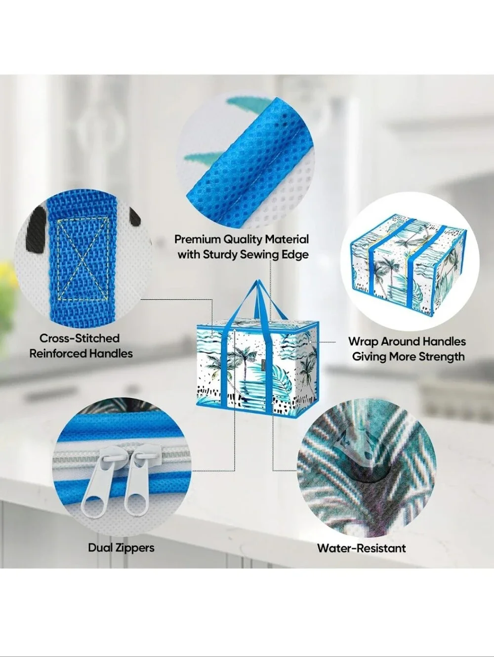 Insulated Beach Tote Cooler Bag Set with Palm Print - Blue